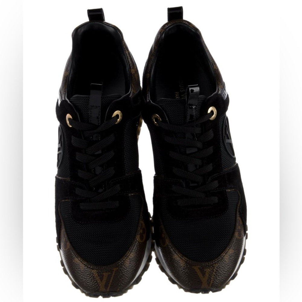 Louis Vuitton Black and Brown Monogram Suede Sneakers Gold embellishments.